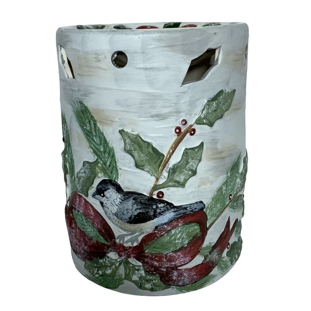 Vintage Wax Warmer Birds Kathy Hatch Tea light Hand painted Holiday White Red